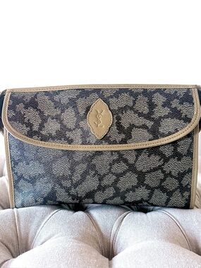 Vintage YSL Yves Saint Laurent Giraffe Print Taupe Gray Canvas Clutch Pouch